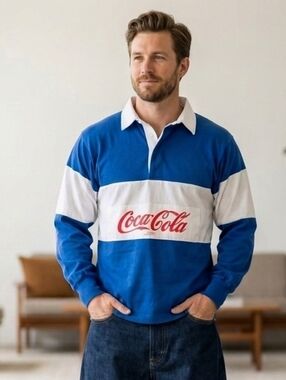 VTG 90's Coca Cola 100% Cotton Blue & White Rugby Shirt M